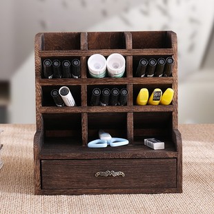 优选实木斜插式笔筒收纳盒桌面文具收纳笔架多功能化妆笔刷桶创意