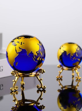 优选蓝色水晶玻璃地球仪摆件办公桌装饰品工位摆设家居装饰摆件样