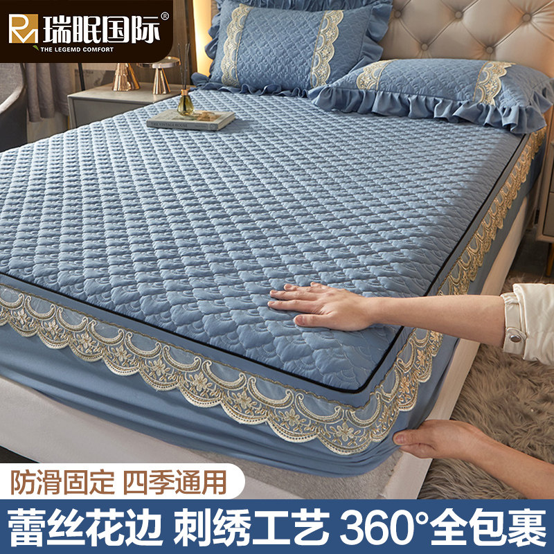 优选2022新款花边床笠单件蕾丝刺绣床罩床单三件套防尘罩床垫保护