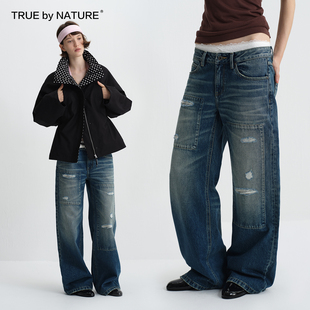 TRUE by NATURE 复古做旧贴布水洗破洞磨破宽松直筒低腰牛仔长裤