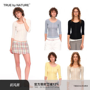 TRUE by NATURE 坑条纹镂空拼接设计轻薄七分袖修身针织短袖T恤女