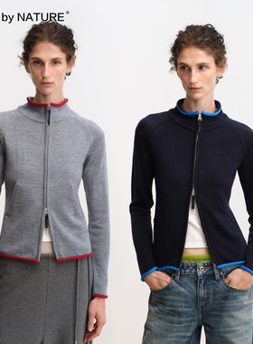 TRUE by NATURE 复古羊毛卷边撞色简约修身拉链针织开衫毛衣外套