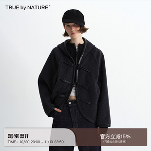 TRUE by NATURE 60%羊毛 蝙蝠袖宽松牛角扣短款双面呢子大衣外套
