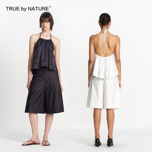 TRUE by NATURE 设计感休闲度假风露背系带宽松挂脖吊带背心上衣