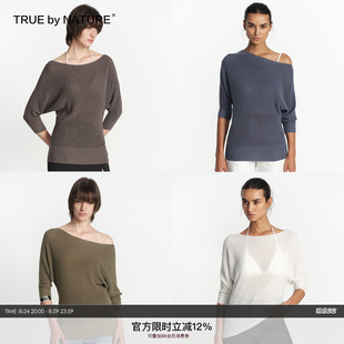 TRUE by NATURE 大领口蝙蝠七分袖针织罩衫薄款透气斜肩短袖t恤女