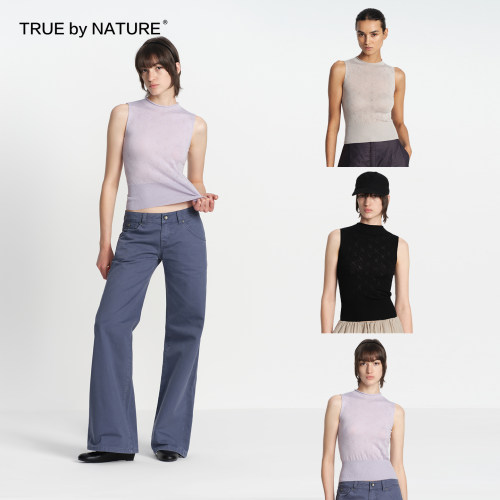 TRUE by NATURE 复古设计感镂空提花半高领正肩修身针织马甲背心