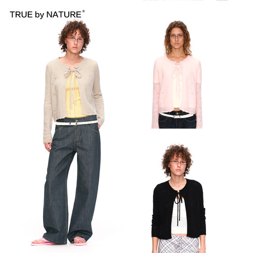 镂空抽绳系带开衫长袖针织罩衫