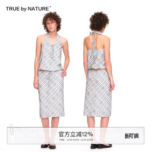 无袖 TRUE 复古格纹飘带挂脖系带V领露背小衫 NATURE 吊带背心女