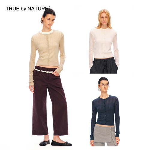 TRUE by NATURE 绵羊毛设计感镂空轻盈舒适亲肤针织圆领小开衫