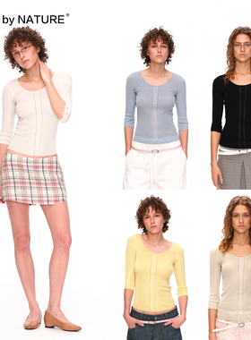 TRUE by NATURE 坑条纹镂空拼接设计轻薄七分袖修身针织短袖T恤女