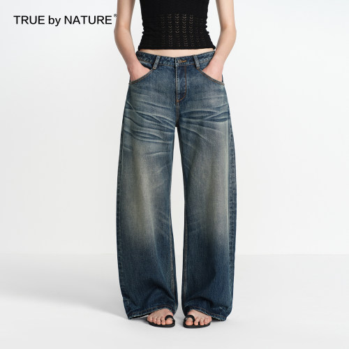 TRUE by NATURE 复古深蓝色水洗猫须做旧低腰阔腿弯刀牛仔裤女