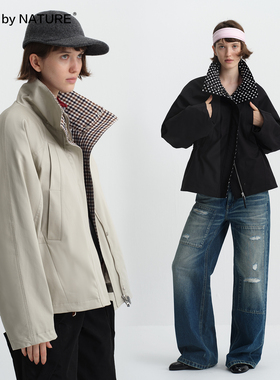 TRUE by NATURE 复古拼接撞色波点格纹翻领棉衣棉服保暖夹棉外套