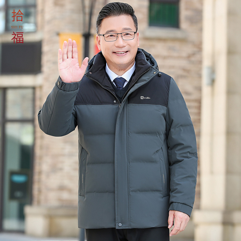 中老年男士加厚连帽纯色保暖棉衣