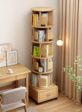 实木旋转小书架移动带轮卧室儿童书柜简约床头柜床边收纳置物架子