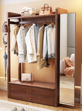 实木衣帽架穿衣镜一体挂衣架落地卧室全身镜客厅多功能储物收纳架