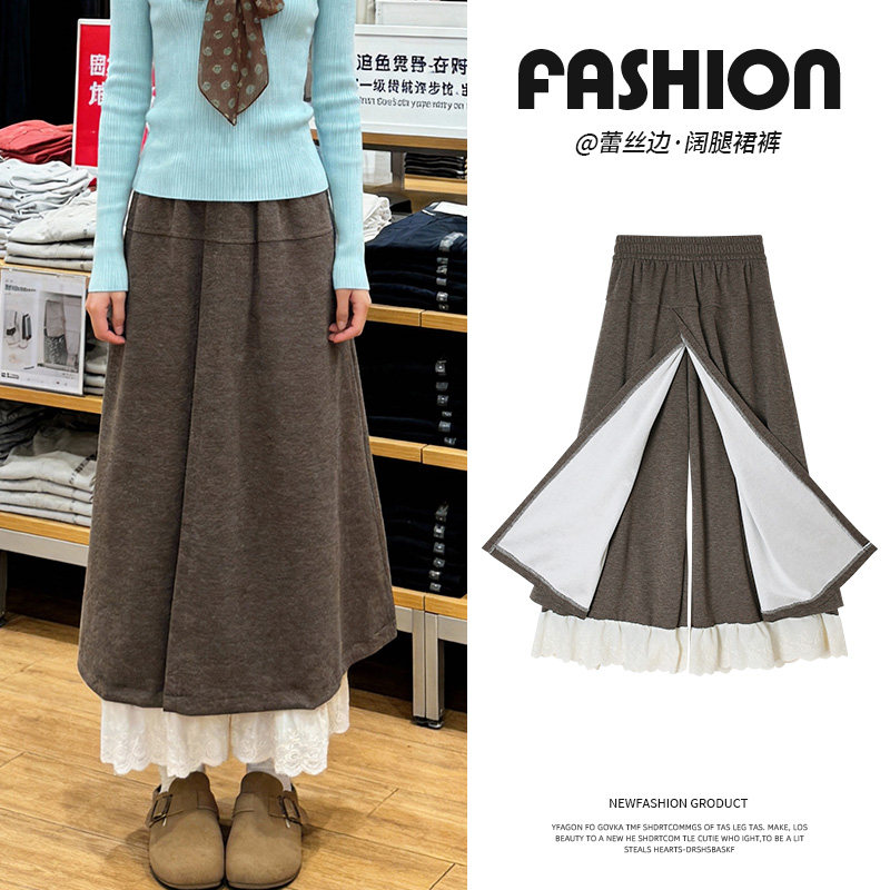 咖色蛋糕感蕾丝花边裙裤女冬2026新款百搭高腰设计毛呢休闲阔腿裤,女装/女士精品,休闲裤,淘宝优惠券,粉丝福利购,淘宝优惠卷