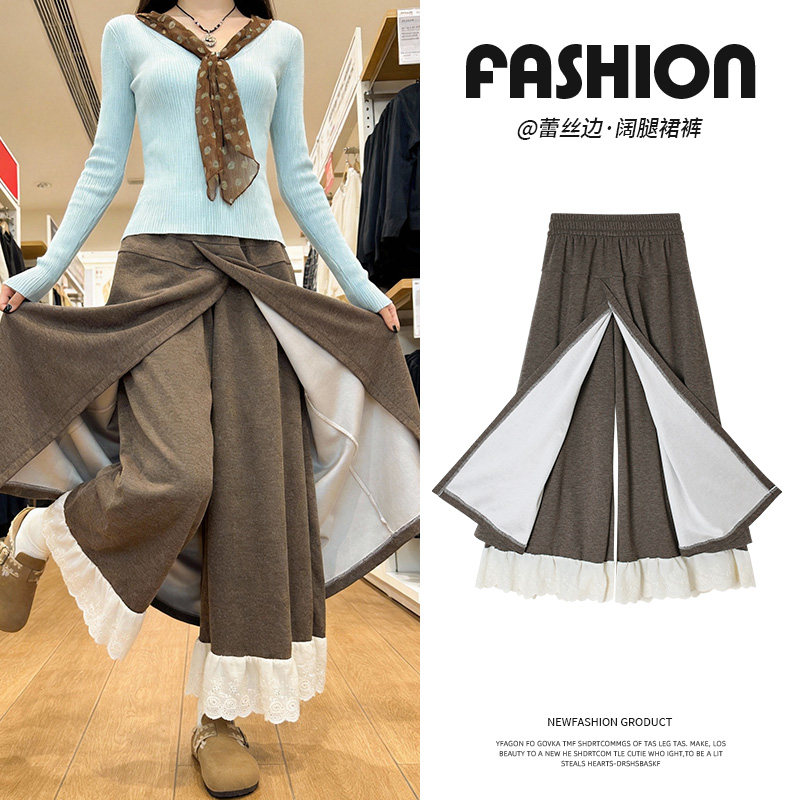 咖色蕾丝花边拼接阔腿裤裙女冬2026新款高腰显瘦休闲a字半身裙裤,女装/女士精品,休闲裤,淘宝优惠券,粉丝福利购,淘宝优惠卷