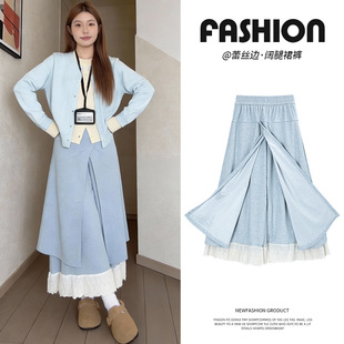 休闲糯米a字半身裙裤 假两件蕾丝花边拼接阔腿裤 裙女秋冬2026新款