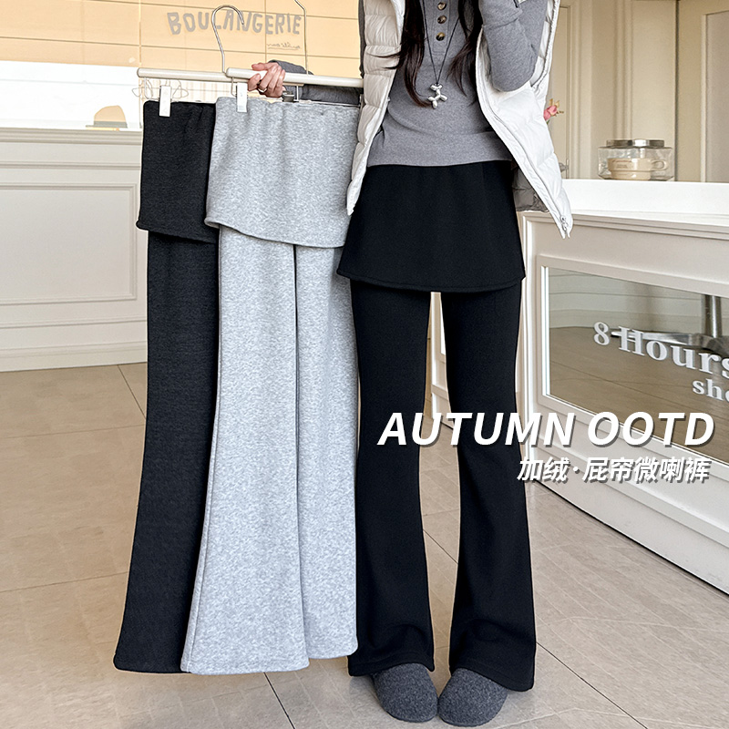 2025韩国东大门屁帘秋冬微喇叭裤假两件身材梨形加绒显瘦女休闲裤