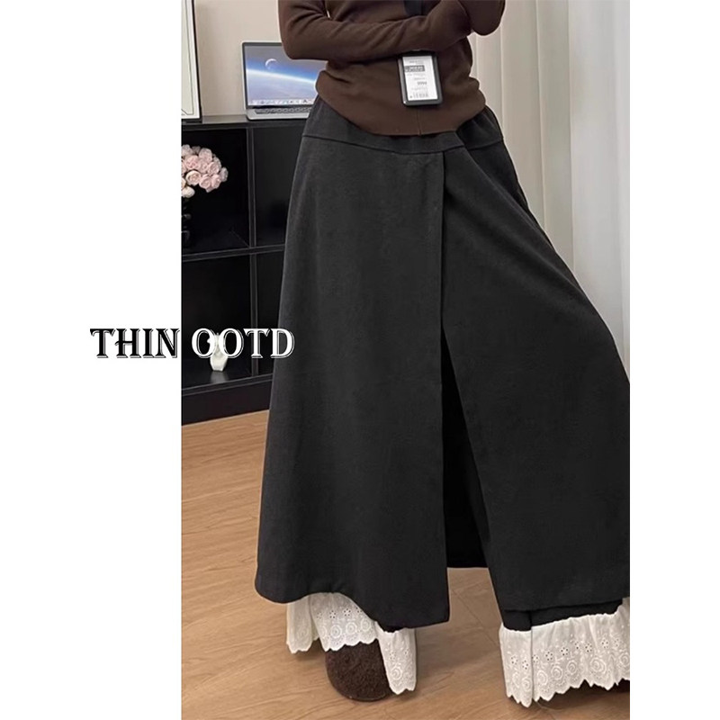 假两件蕾丝拼接设计感毛呢阔腿裤女2026新款显瘦慵懒风休闲裤裙子,女装/女士精品,休闲裤,淘宝优惠券,粉丝福利购,淘宝优惠卷