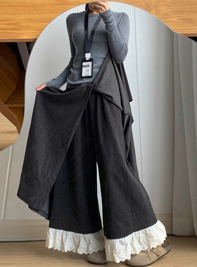 黑灰色蕾丝拼接裙裤25秋季女大码胖mm假两件屁帘a字长款阔腿裤裙