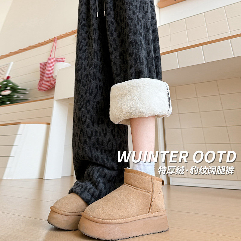 加绒加厚豹纹印花休闲裤女2025冬