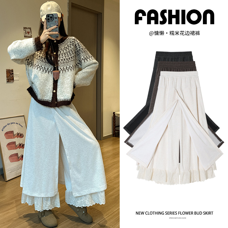 加绒拼接蕾丝花边阔腿裤女2025