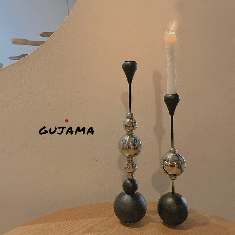 GUJAMA原创现代金属木质圆球烛台家居艺术小众摆件高级ins样品间