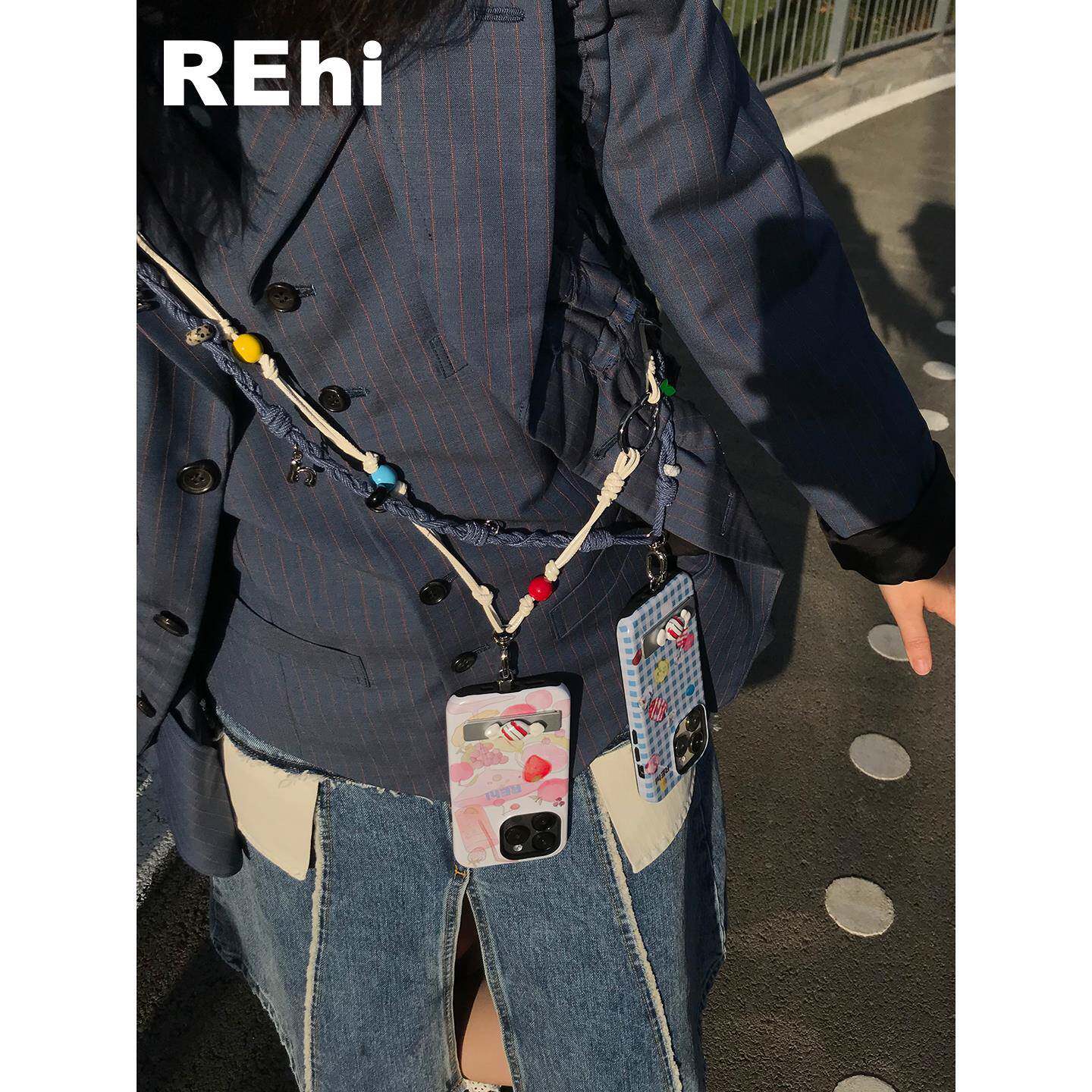 REhi 串串硬糖手机挂绳原创编织牛仔绳PU挂绳趣味串珠背绳