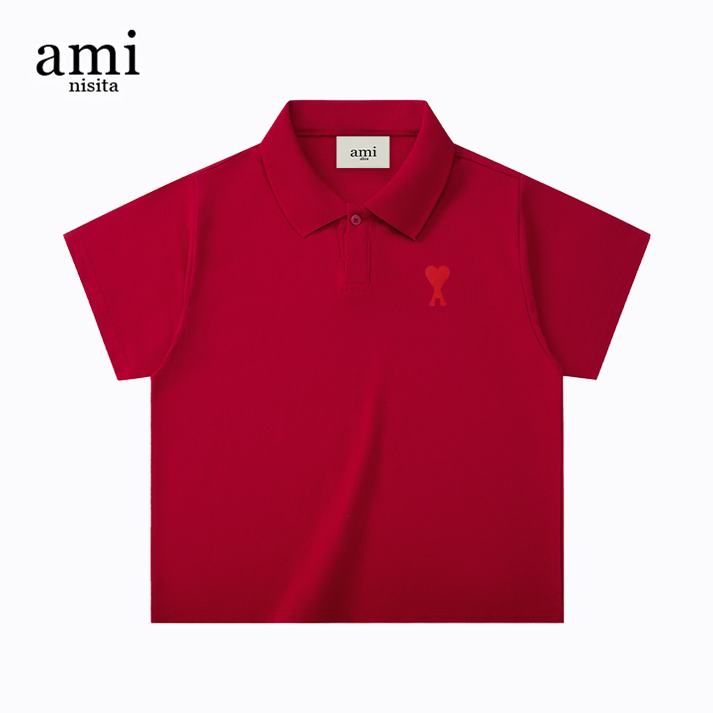 AMI NISITA官方儿童酒红色Polo衫短袖夏季宽松时尚百搭翻领上衣潮