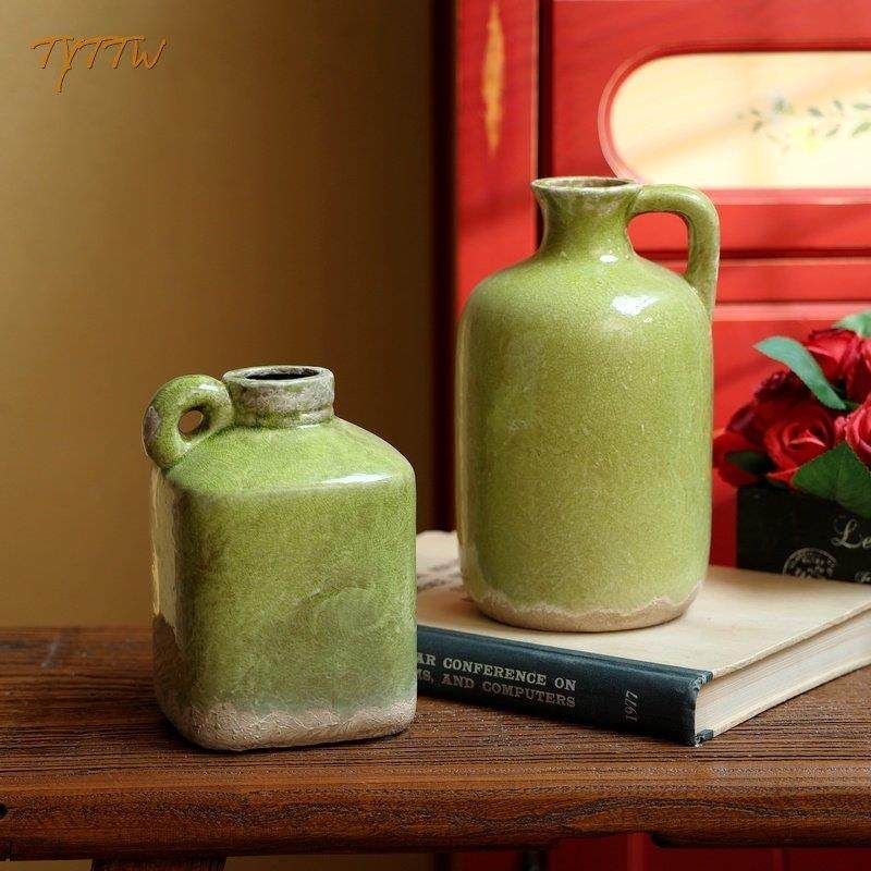 法式乡村地中海做旧陶瓷花瓶白色把式花瓶 暗绿色复古花器花壶,家居饰品,花瓶,淘宝优惠券,粉丝福利购,淘宝优惠卷