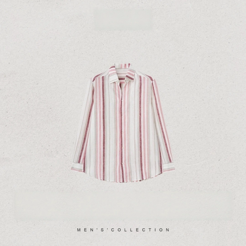 秦磊男装撞色条纹圆弧衬衫高级感