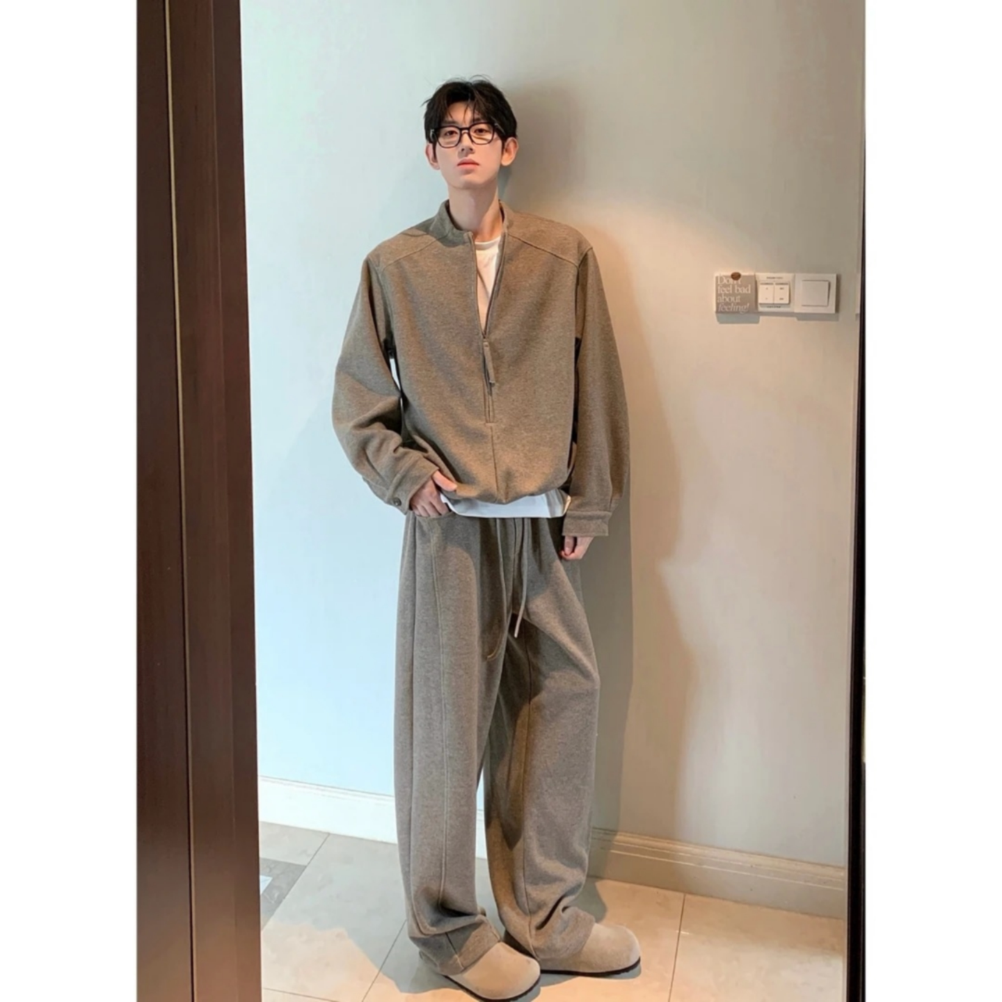 HN26aw/【加厚假两件卫衣套装】老钱风情侣半拉链卫衣卫裤两件套