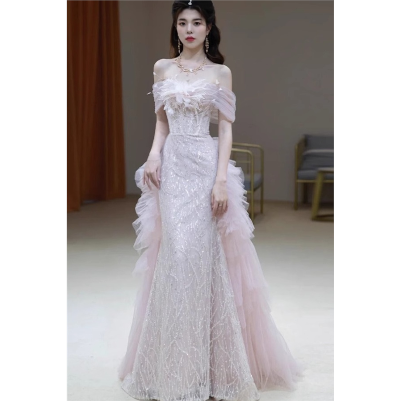 敬酒服新娘一字肩205款粉