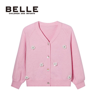 百丽童装女童毛衣开衫2026春季小女孩可爱上衣女宝粉色洋气针织衫