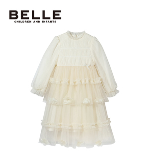 百丽童装belle米色公主裙长袖仙女气质网纱洋气网红蝴蝶结连衣裙