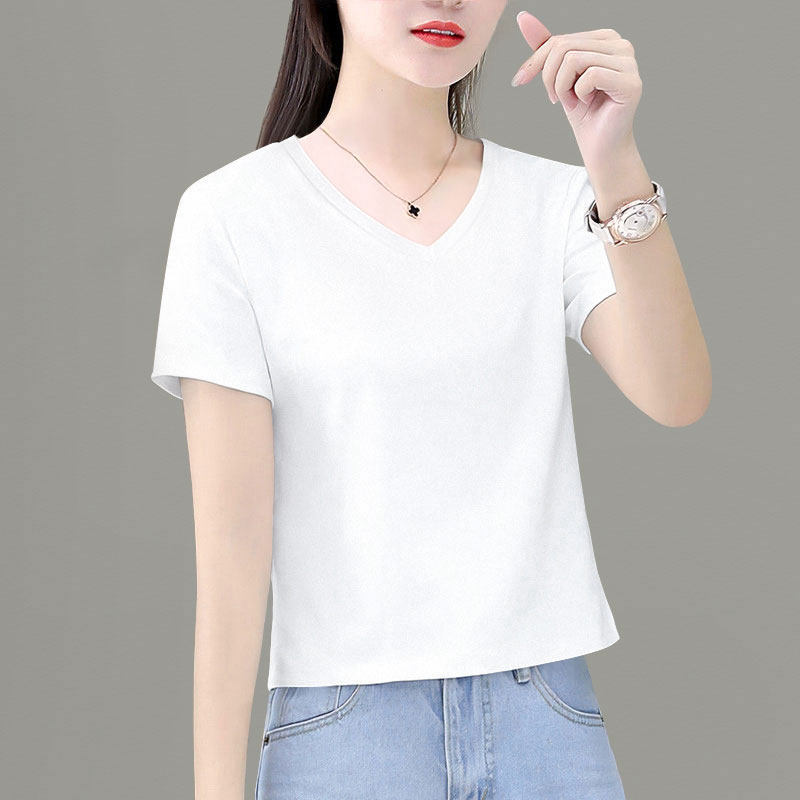 夏季短袖2025白色新款领短体恤小个子纯棉百搭女高腰v上衣恤t纯色