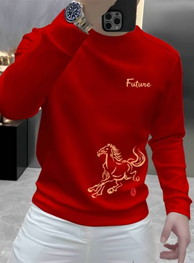 2026新款马年本命年红色卫衣男潮流时尚长袖衫上衣高级感男装卫衣