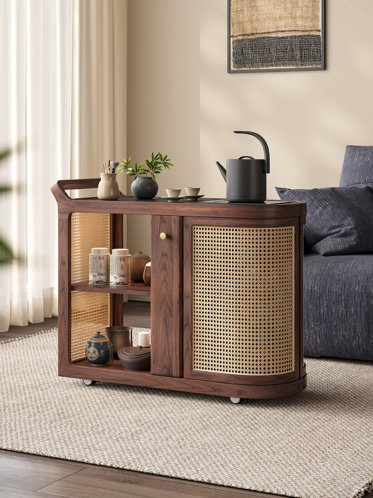昂冠实木茶水柜小推车客厅阳台茶几黑胡桃木可移动烧水壶一体边柜