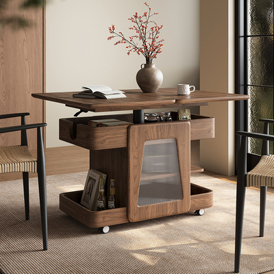 侘寂风实木可移动茶几家用小户型折叠边几客厅沙发边柜升降小推车