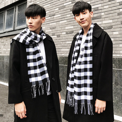韩版黑白灰色格子流苏长巾商务装饰围脖冬季保暖围巾厚男学生礼品
