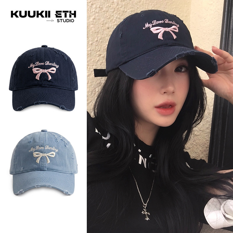 KUKIÐ甜美可爱字母刺绣百搭户外棒球帽蝴蝶结时尚鸭舌帽子女