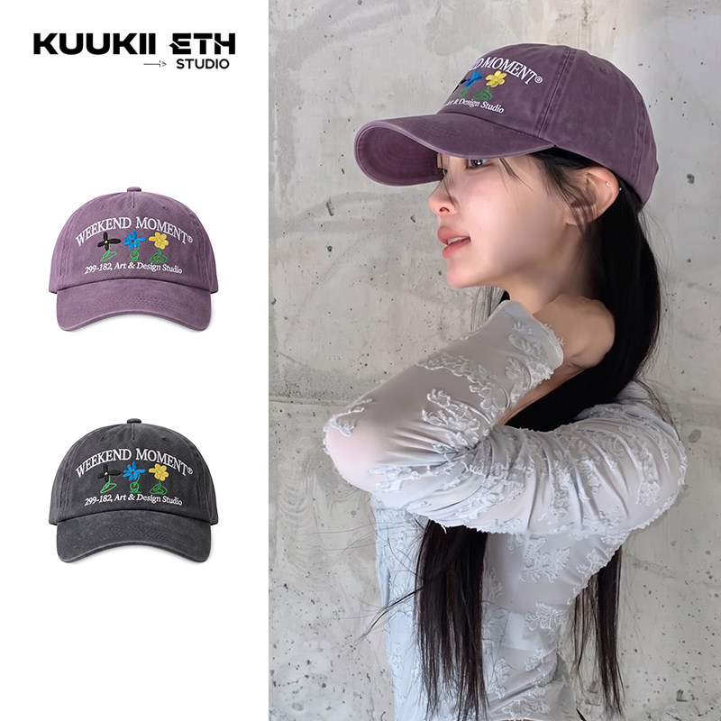 博主同款韩国潮牌复古花朵刺绣棒球帽子春秋软顶休闲百搭鸭舌帽