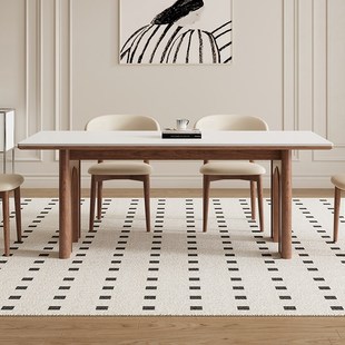 奶油中古风黑胡桃木长方形全托饭桌子 德利丰实木岩板餐桌家用法式