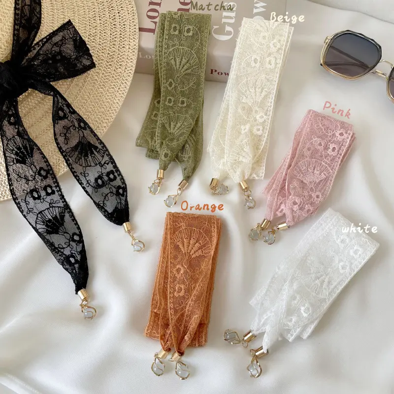 复古法式蕾丝丝巾女黑色植绒小仙女飘带高级感小领巾发带新款韩版