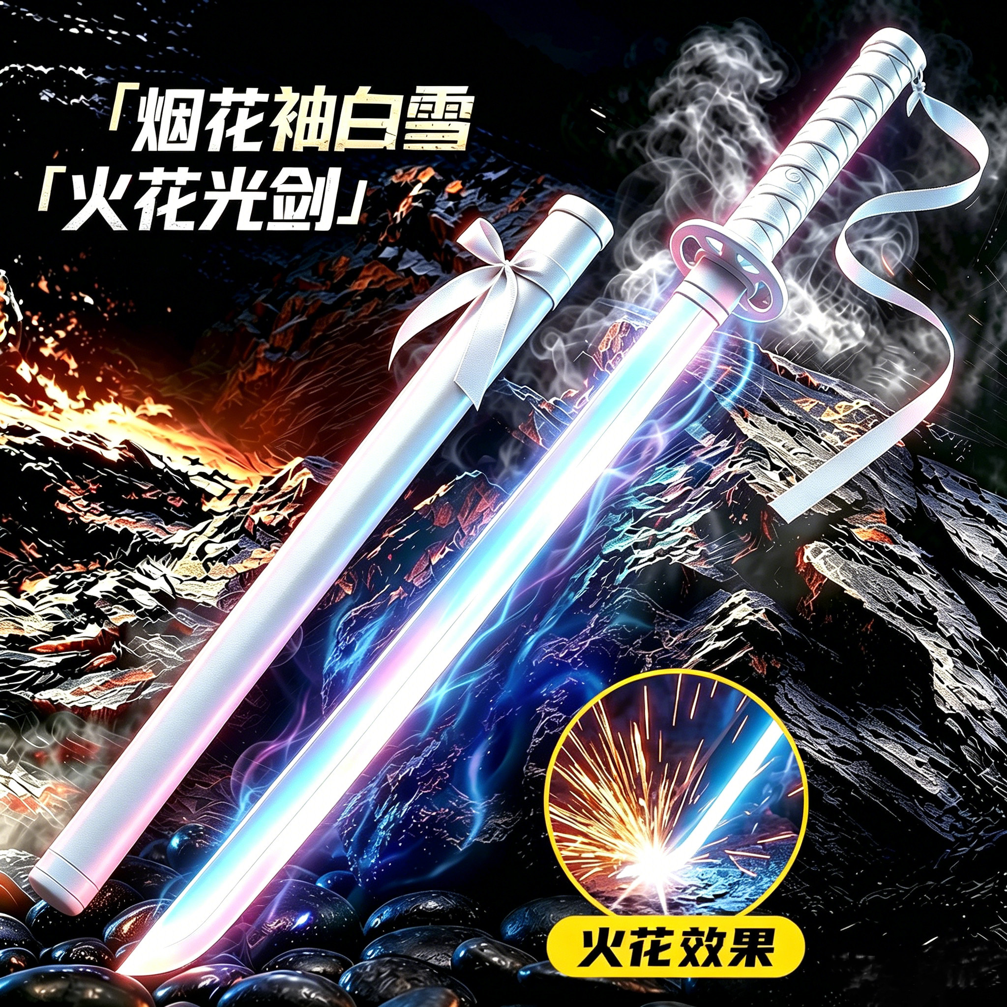 袖白雪刀火花拔刀激光剑儿童玩具男孩星际七彩烟雾武士刀发光宝剑