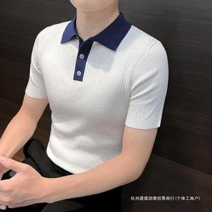 2025新款 夏季 男装 冰丝痞帅风休闲t恤 夏装 polo衫 拼色针织短袖 男士