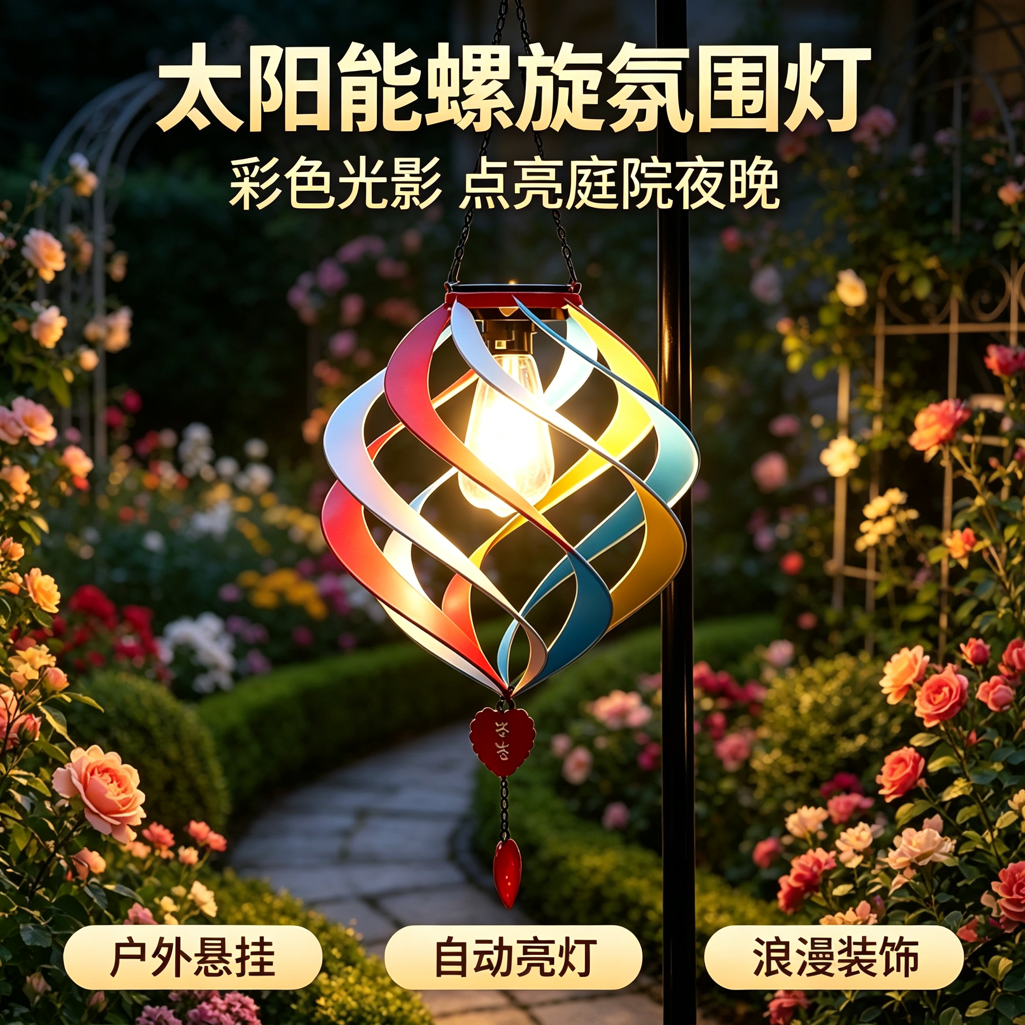 太阳能旋转挂灯花园装饰风车户外吊灯彩色螺旋设计庭院装饰氛围灯