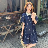 现货刺绣撞色韩版休闲复古丹宁学院风牛仔裙119-3702-P135-K198，女装连衣裙，ELIN