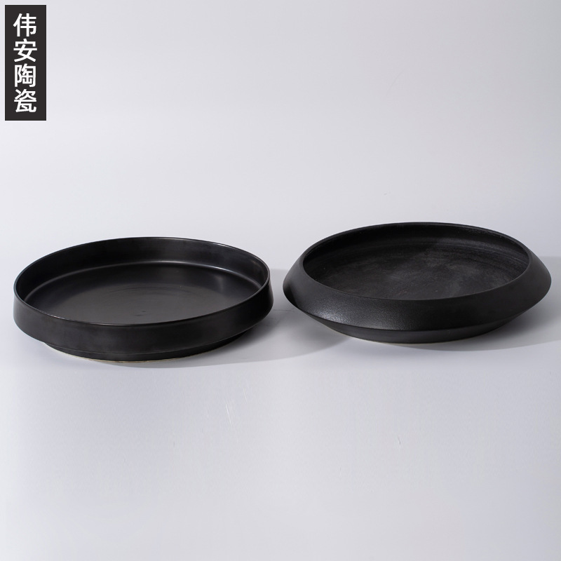 新中式样板间客厅茶几水果盘摆件简约创意黑色陶瓷花瓶装饰品花盆